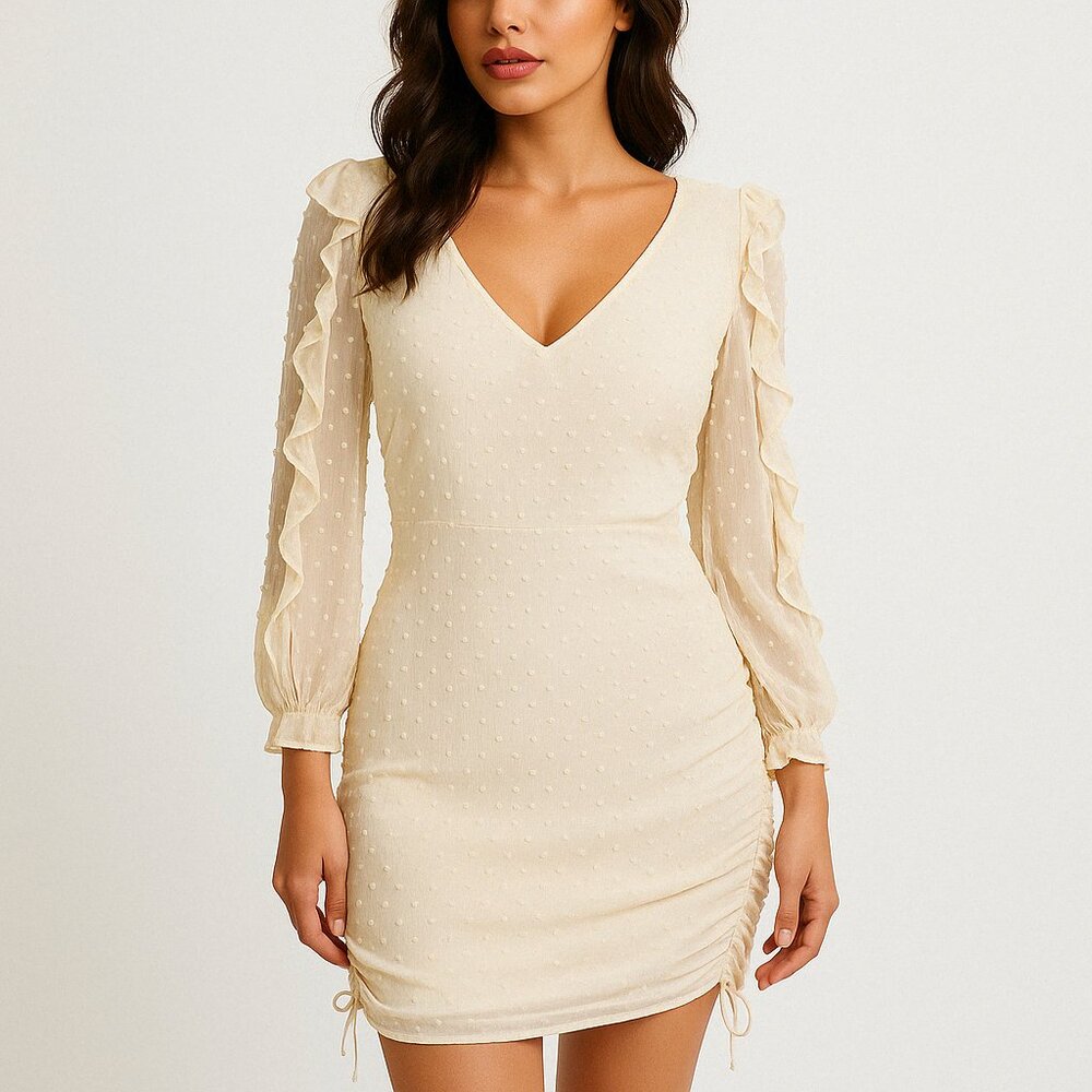 Chelsea & Walker Cream Sheer Ruched Long Sleeve Midi Dress - Size 4